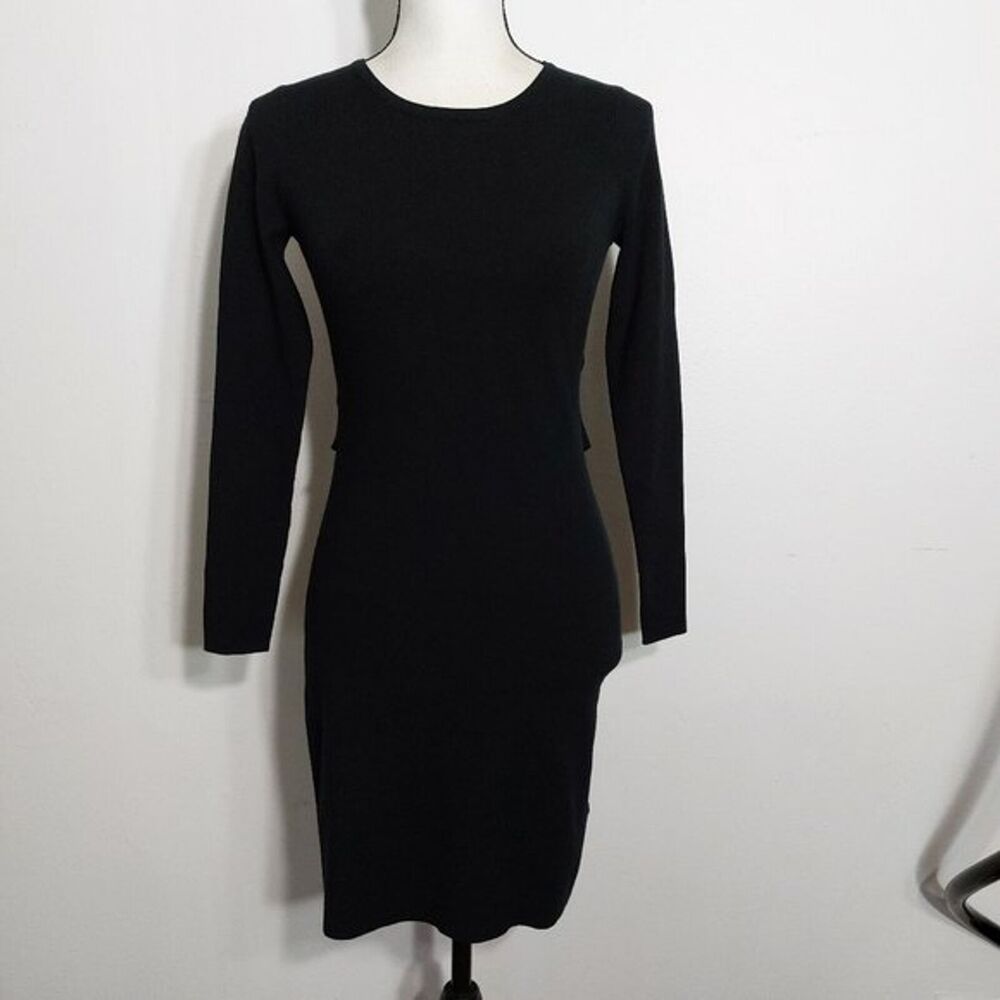 Tahari Black Crew Neck Long Sleeve Sweater Dress Ties in back Waist Size XS